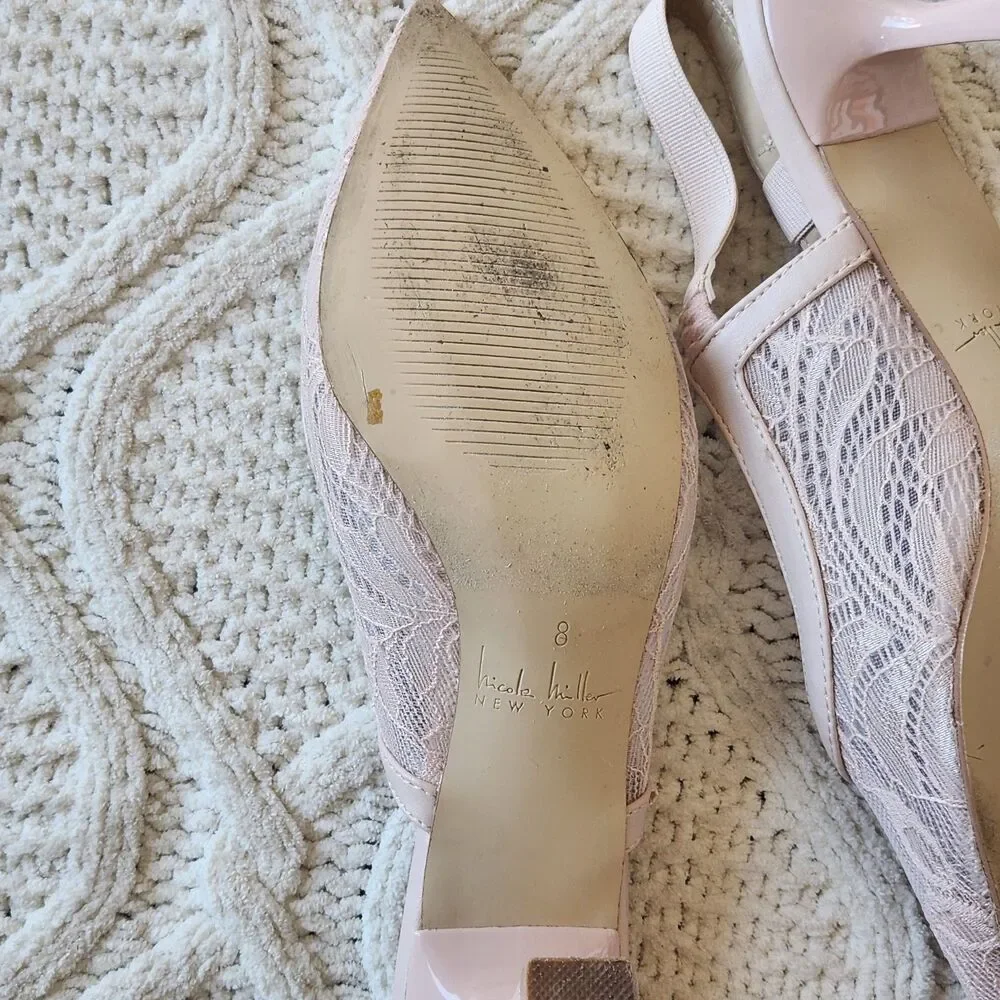 Nicole Miller Blush Pink Lace Pointed Slingback Kitten Heels Size 8 - Picture 7 of 7